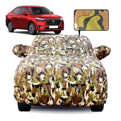 Image of Waterproof Car Body Cover for Honda Amaze (2012-2017) with Mirror Pocket, Soft Cotton Lining, Triple Stitched, Full Bottom Elastic (Heat Resistant Jungle Print with Red Piping)