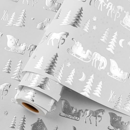 Homeral Christmas Wrapping Paper Roll - 3D Embossed Sleigh, Carriage, Christmas Tree, Moon, House with Silver Foil - 17in x 33ft (46.8 sq.ft.)