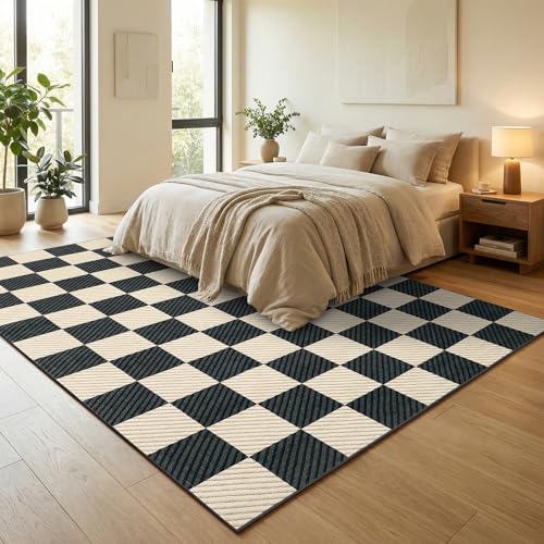 Image of Garvee 5x7 Black and Brown Checkered Rug for Living Room, Washable Rugs 5x7 Non Slip Soft Low Pile Geometric Print Plaid Area Rug for Dining Room Bedroom Nursery Office Playroom Carpet