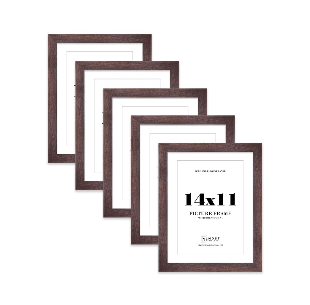 14x11" Walnut Frame With Mount for A4 Pictures 28mm Edge Portrait and Landscape Display with Wall Hooks and Kickstand, 5 Pack