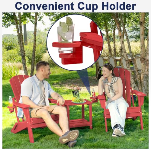 Image of Plawdlik Folding Adirondack Chair Set of 3, Cup Holder, Red | pin-free folding, 38-in tall back, Wood-grain All-weather HDPE; for fire pit, poolside, deck, backyard, patio