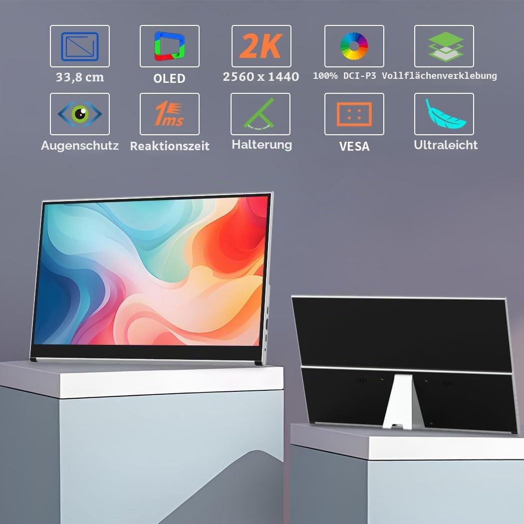 Portable Monitor Touchscreen 14“ 2K,2560x1440 100% P3 1Ms Mobiler Display,AES Stylus Pen Support,Eye Care Tragbare Monitor für Laptop,Mac NUC Mini PC,VESA & Integrierter Standfuß (13.3")