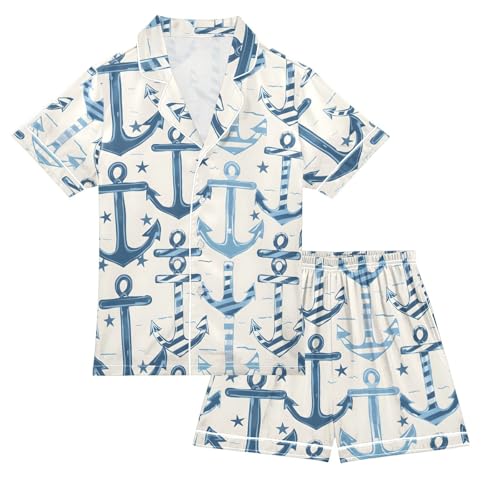 ALAZA Anchor Star Blue Pajamas Satin Pajama Set Short Sleeve Button Down Sleepwear