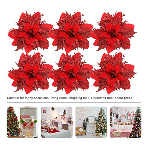 Nuobesty 24 peças de flores de Natal com glitter e flores de poinsétia, enfeites de árvore de Natal,