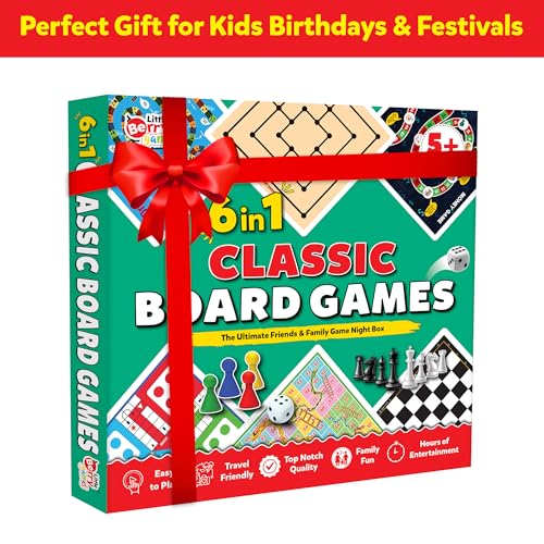 Image of 6 in 1 Classic Board Games Set for Kids & Family | Includes Ludo, Chess, Snakes & Ladders, Checkers & More | Indoor Strategy Games, Travel Friendly Game Kit for 5+ Years