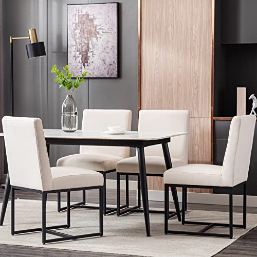 Hny Century Modern Dining Chairs Set Of 6, Linen Fabric Kitchen & Dining Room Chair, Upholstered Dining Chair Side Chair With Black Finish Metal Frame, Cream 6 Pc #TOP1