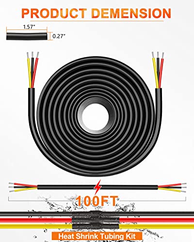 NAOEVO 16 Gauge Wire 3 Conductor Electrical Wire, 16 AWG Stranded PVC Cord, 12V Low Voltage/Tinned Copper/Flexible Cable for Automotive Wiring, Lamp Cord, Marine Cable (100FT)