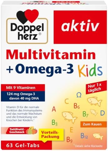 Doppelherz Multivitamin + Omega-3 Kids - mit Tuttiftruttigeschmack | 9 Vitamine plus Omega-3-Fettsäuren aus Seefischöl- leckere Weichtabletten zum Kauen - 63 Gel-Tabs
