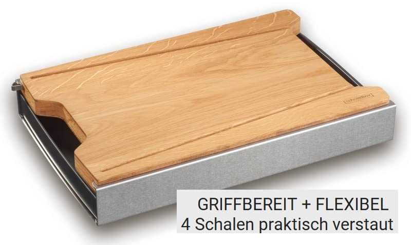 Eiche - Schneidebrett Mit 4 Auffangschalen Im Edelstahlkasten Inkl. Wechselbrett - Patentiertes Trennsystem - Made In Germany