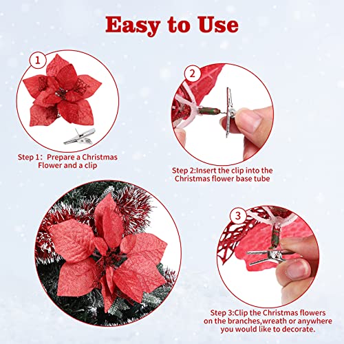 15 Pcs 8.7 inch Artificial Poinsettia Flowers Christmas Glitter Poinsettia with Clips Christmas Poinsettia Decorations Ornament Christmas Flowers (Christmas Red)