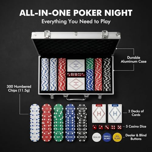 HEITOK Pokerkoffer 300 Stück – Texas Holdem Set mit 11,5g Chips, Alu-Koffer, Karten, Würfel & Button