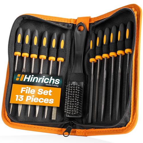 Hinrichs File Set Metal and Wood 13 Pieces - Includes Case - 6X Diamond Files, 6X Steel Files, 1x Steel Brush - Model File Set, Mini File Set, Key File Set, Wood Rasp - Needle Files, Small Files