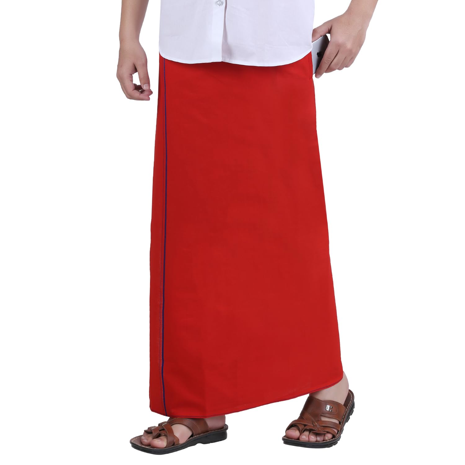 Prakasam Cotton Mens Red Colour Welcro Pocket Single Dhoti (Roja-Red) Size -Small (Hip Size 26 To 32)