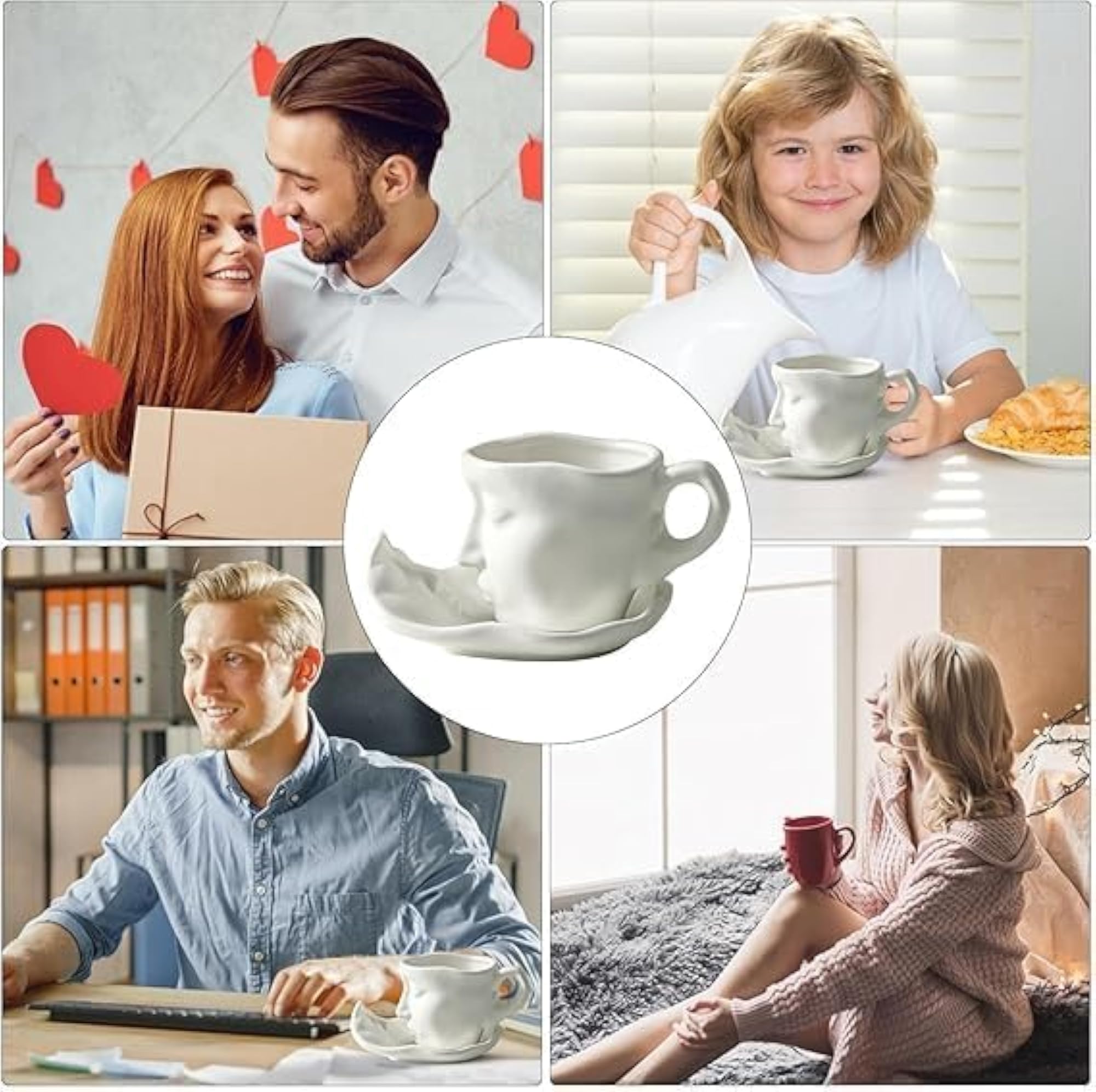Unique Face Coffee Cup Set, Artistic Ceramic Mug with Saucer