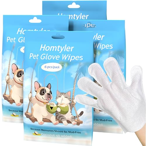 Homtyler Dog Wipes & Cleaning Gloves 2-in-1 for Dogs and Cats, Extra-Thick Pet Wipes with Coconut Oil for Lick-Safe Paws, Eyes, Ears & Body, Rinse-Free Waterless Bath for Deodorizing&Cleansing, 24 PCS