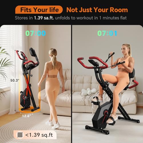 Foldable Exercise Bike - Stationary Bike for Home with 5.5 Pound Flywheel and Arm Resistance Bands, 300LB Capacity, 10dB Quiet, Heart Rate Monitor for Small Apartment Cardio Black