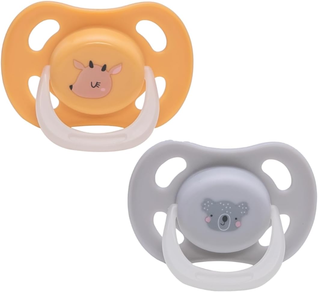Airo Rounded Edges Pacifier Glows in Dark with Multipurpose Storage Case | Silicone Baby Pacifier | Infant Pacifier (Grey & Yellow, Pack of 2)