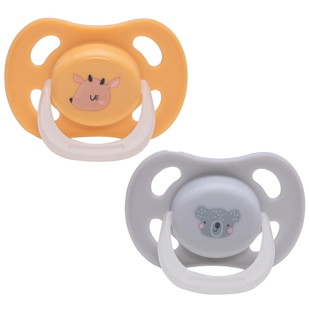 Adore Airo Rounded Edges Pacifier Glows in Dark with Multipurpose Storage Case | Silicone Baby Pacifier | Infant Pacifier (Grey & Yellow, Pack of 2)
