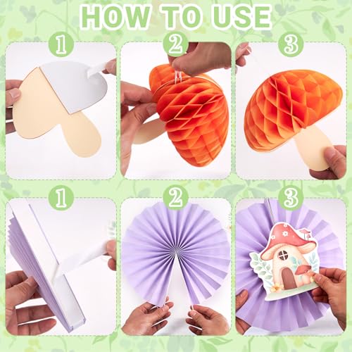 Image of EASY JOY Fairy First Birthday Decorations Fairy Party Decors Fairy Paper Fan Set Pastel Paper Fans Butterfly Fans with Vines Hanging Mushroom Honeycomb for Baby Shower Birthday Tea Party Garden Forest
