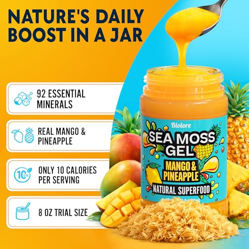 Biolore Sea Moss Gel Mango-Pineapple Made in USA Raw Wildcrafted Irish Seamoss Essential Vitamins Trace Minerals Vegan Superfood, Jam, Jelly & Sweet Spread Gifts (Mango-Pineapple 8OZ)