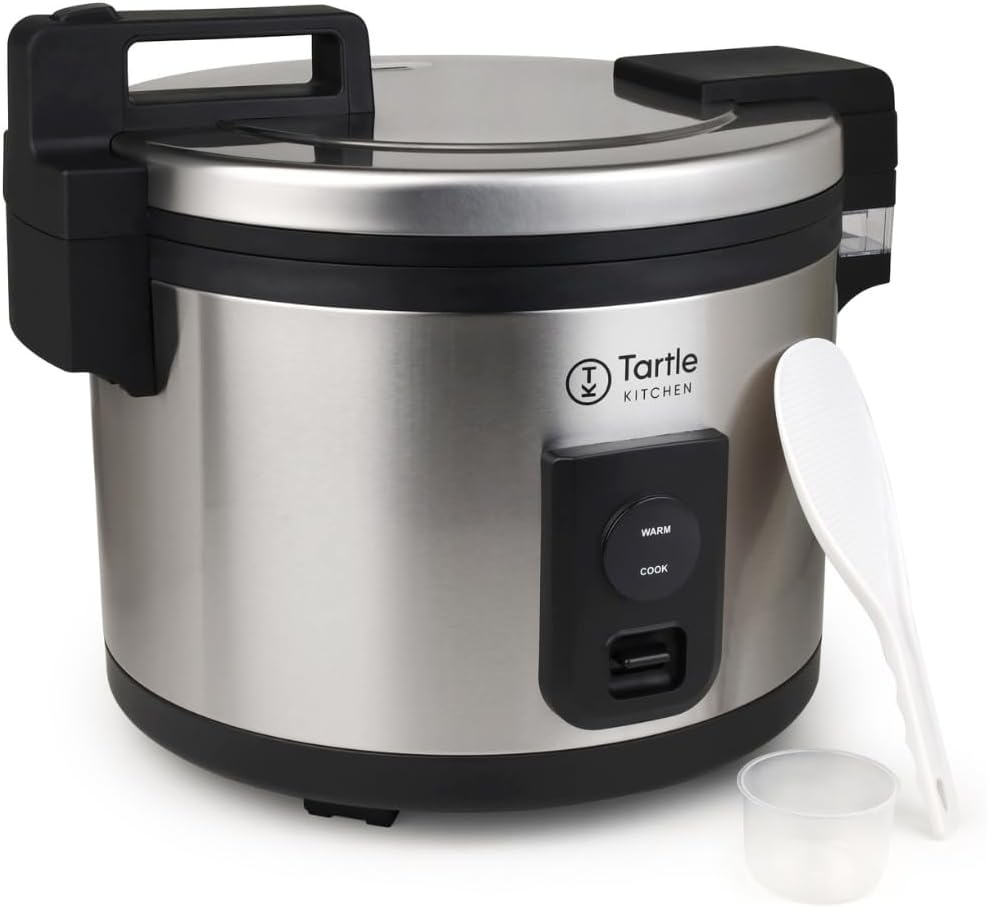 Commercial Stainless Steel Rice Cooker - Professional 64 Cup Cooked (32 Cup Uncooked) Rice Maker Cooker With Non Stick Pot & Hinged Lid - Includes a Rice Measuring Cup & Rice Scoop