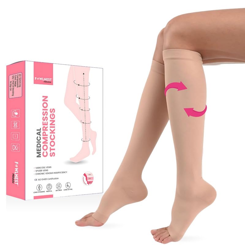 Fowlnest Below Knee Medical Compression Stockings For Varicose Veins Unisex | 23-32 Mm Hg Class 2 Knee Length Stockings For Women/men | Varicose Vein Stockings | Beige, Small-image-16