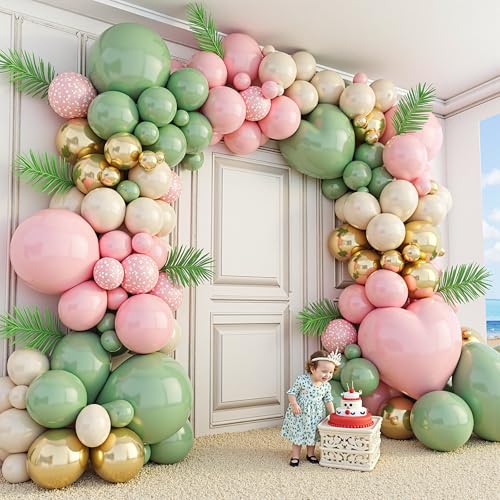 Image of 412Pcs Pink and Green Balloon Garland Arch Kit -Different Sizes 18 12 10 5inch Sage Green and Pink White Sand Gold Different Size Balloons for Girl Birthday Jungle Safari Woodland Party Decorations