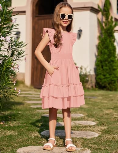 Image of Arshiner Girls Dresses Flutter Sleeve A-Line Sundress Casual Summer Tiered Swing Midi Pocket Dress