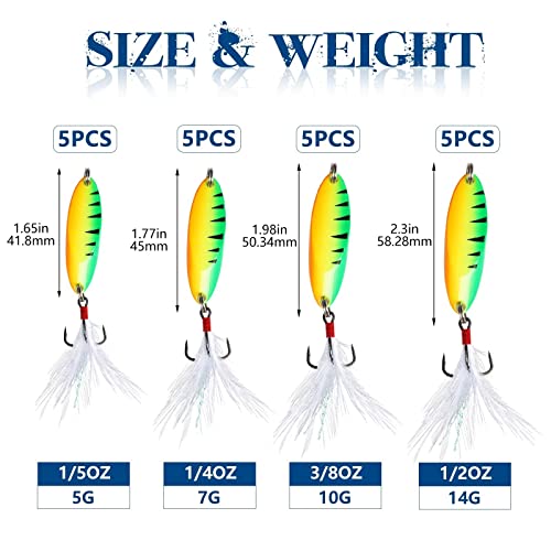 Dovesun 20Pcs Fishing Spoon Lures Fishing Bait Trout Bass Fishing Lure 1/5Oz 1/4Oz 3/8Oz 1/2Oz #TOP5