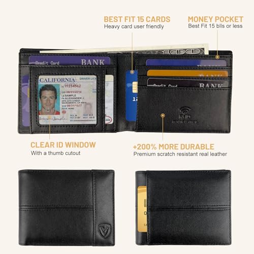 Men's Wallet Full Grain Leather Slim Bifold Wallets | RFID Blocking with Gift Box Black3