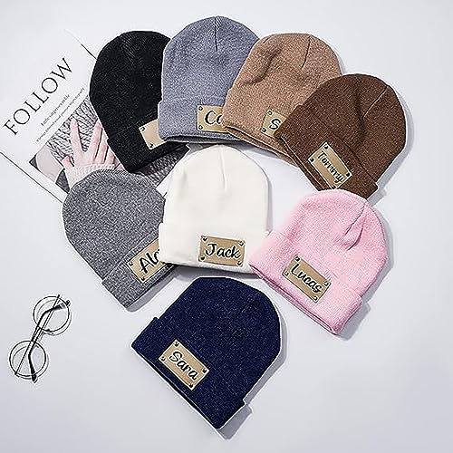 Personalized Leather Patch Baby Beanie Name Custom Beanie Cap Warm Knitted Beanie Hat for Newborns Kids Toddler Adults3