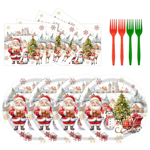 72 Pcs Christmas Paper Plates and Napkins Party Supplies, Santa Claus Snowman Xmas Tree Holidays Plates Napkins Tableware Set for Winter Christmas Party Decorations