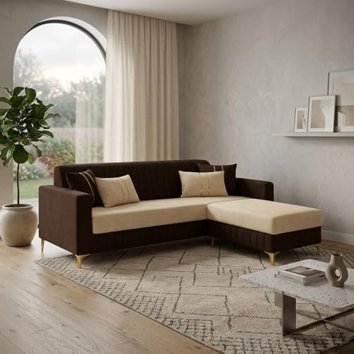 Image of CASASTYLE Noviq 4 Seater L Shape Sofa Set with Movable Ottoman | Flexible Left or Right Layout | Cozy Velvet Fabric | Soft Touch Seating | Modern Designer Sofa for Living Room (Dark Brown-Cream)