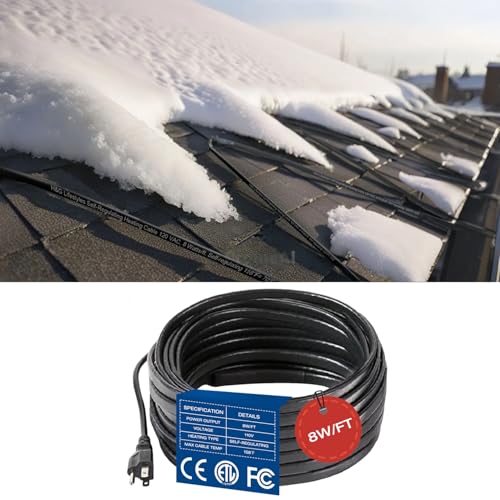 H&G Lifestyles 8W/FT Roof Heat Cable for Roof and Gutters, Self-Regulating Heaters to Prevent Ice Dams,Heavy Duty Heat Tapes for Snow De-icing, 8Watts per Foot Patented Heating Technology 140FT