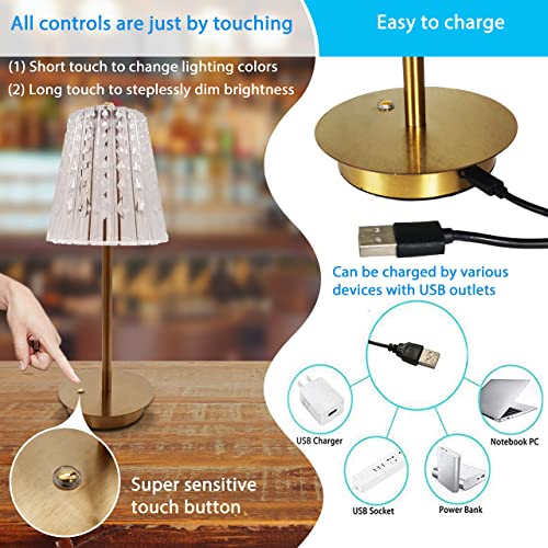 Otavilem Crystal Table-Lamp For Living-Room, Bedside-Lamps For Bedroom, Small Touch-Lamp For Bar-Table, Battery-Operated-Night-Light For Kids, Rechargeable-Cordless-Nightstand-Lamp (Copper Color) #TOP2