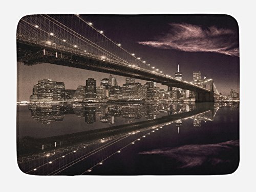 Ambesonne Landscape Bath Mat, Brooklyn Bridge Sunset NYC View Skyline Tourist Attraction Modern