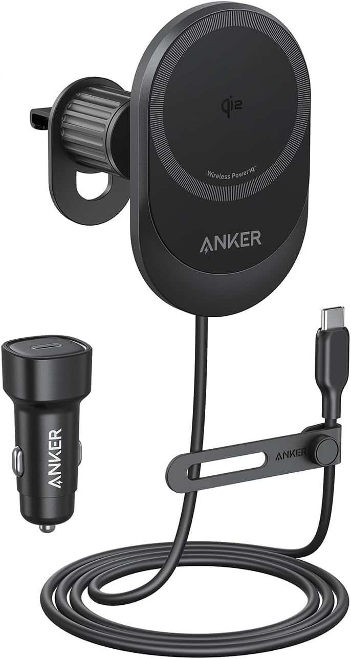 Anker MagGo Qi2 - Caricatore da auto wireless da 15 W, supporto magnetico, ricarica rapida per iPhone serie 12-16, angolo di visione regolabile, USB-C, nero