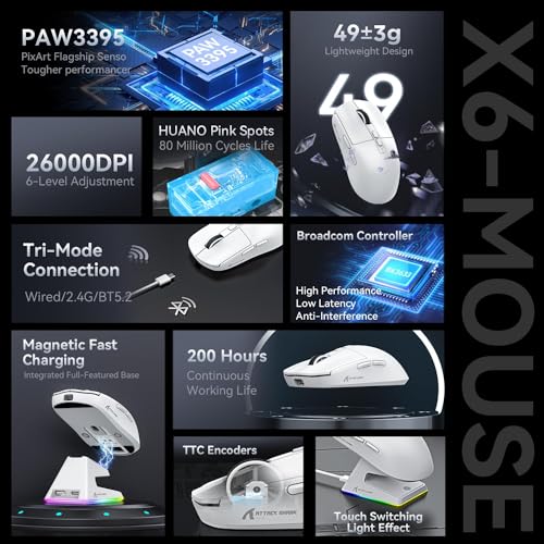 Image of ATTACK SHARK X6 Lightweight Wireless Gaming Mouse with RGB Backlight Charging Base,Tri-Mode Wired /2.4GHz /BT5.2,26K DPI, PAW3395 Optical Sensor,HUANO Switch,5programmable Buttons,PC /Mac(White)