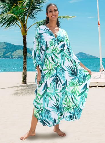 Image of Yanziliu Kaftan Dress for Women,Plus Size Hawaiian Batwing Sleeve Beach Cover Up Summer Swimsuit Dresses