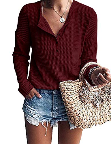 MOLERANI Womens Waffle Knit Tunic Tops Loose Long Sleeve Button Up V Neck Henley Shirts (M, Wine Red2)