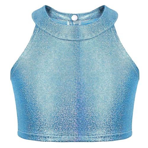 ACSUSS Holographic Shiny Metallic Dance Crop Top for Girls Halter Neck Sleeveless Party Clubwear Festival Rave Outfit