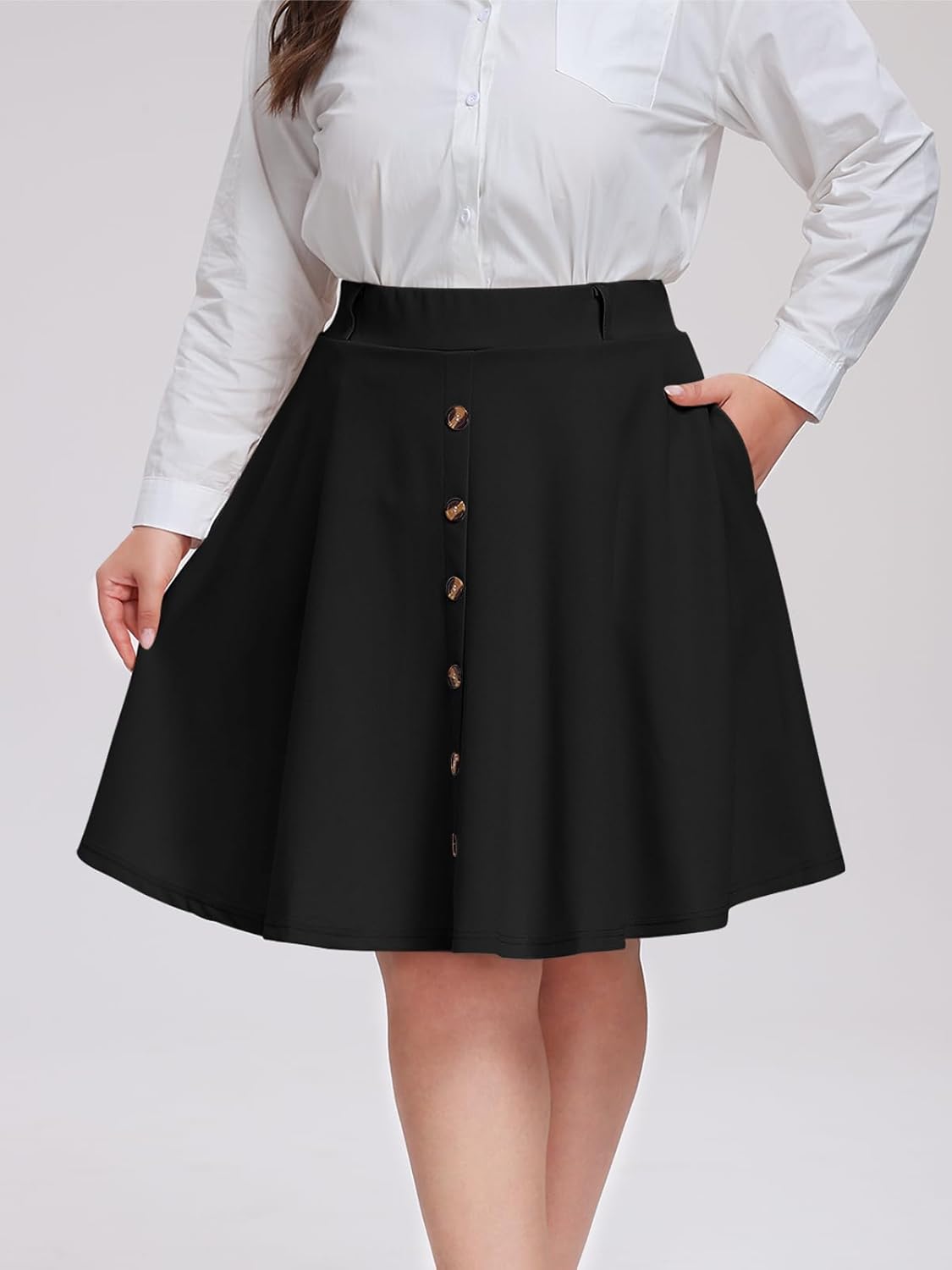 Moon Wood Women Plus Size Midi Skirt Vintage High Waist A-line Casual Skirts with Pockets - Image 2