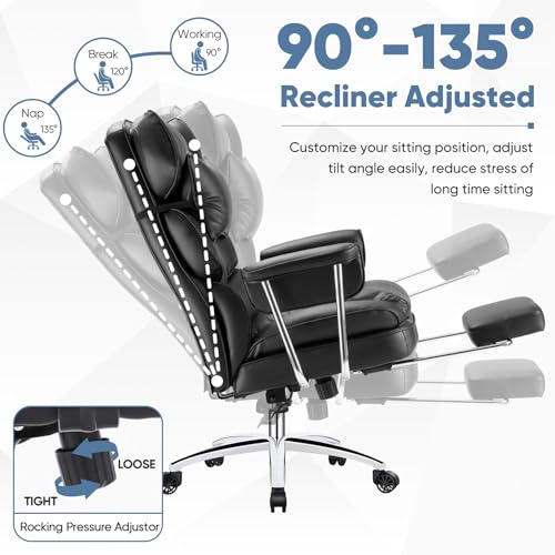 Image of DUMOS Home Office Desk Executive Chair - Ergonomic Big Tall High Back with Footrest & Lumbar Support, Reclining Height Adjustable, Comfy PU Leather Computer Gaming with Swivel Wheels, Black