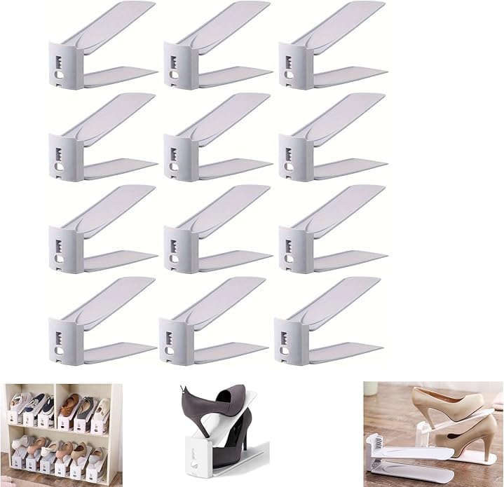 HYGRAD® 12 Pack Shoe Organiser Slots 3 Level Height Adjustable Shoe Organising Holders Space Saving For Shoes Suitable For All Shoes Shoe Rack Organiser (Black)