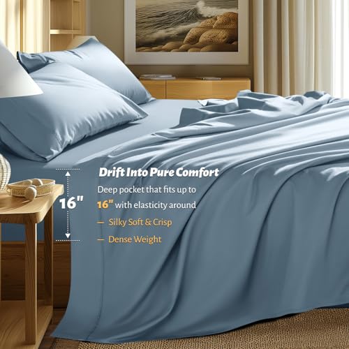 Shilucheng 100% Egyptian Cotton Queen Size Sheets Set - 1000 Thread Count,Luxury Cotton Bed Sheets,Breathable & Cooling Bedding and Pillow Cases, 16 Inch Deep Pocket - 6 Piece (French Blue, Queen)