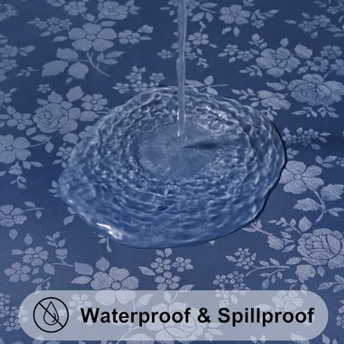 Image of Smiry Waterproof Heavy Duty Vinyl Fitted Tablecloth for 36 inch-44 inch Round Table | Elastic Plastic Table Cloth, Wipeable Washable Floral Patio Table Cover for Picnic, Kitchen and Dining, Navy