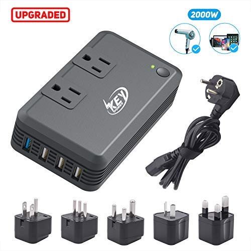 Key Power 2000-Watt Step Down 220V to 110V Voltage Converter & International Travel Adapter Plugs - [Use for USA High-Wattage appliance overseas] (Upgraded with Advanced Multiple Protections)