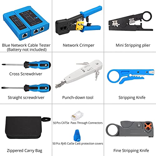 Image of ELECTRO WOLF Crimping Tool Kit RJ45 CAT5 CAT5E CAT6 Crimping Tool, Network Cable Tester, Wire Punch Down Cutter, 50pcs RJ45 CAT6 Pass Through Connectors, 50pcs Covers, 9v Battery (Blue)