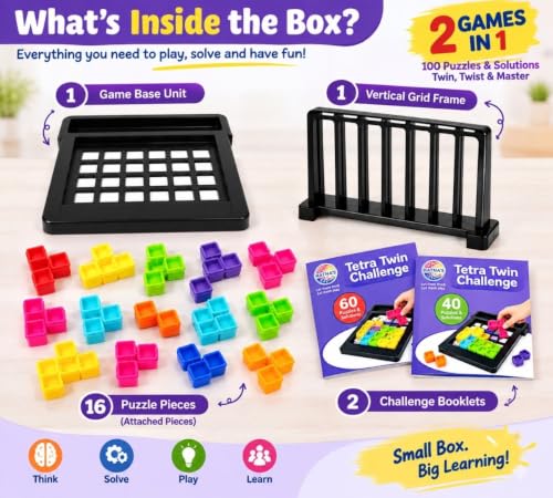 Image of Tetra Twin Challenge 2 Games in 1 Puzzle Game for Kids | 100 Puzzles & Solutions | Brain Teaser Logic & Problem Solving Game | Educational Board Game for Kids | Screen-Free Family Game