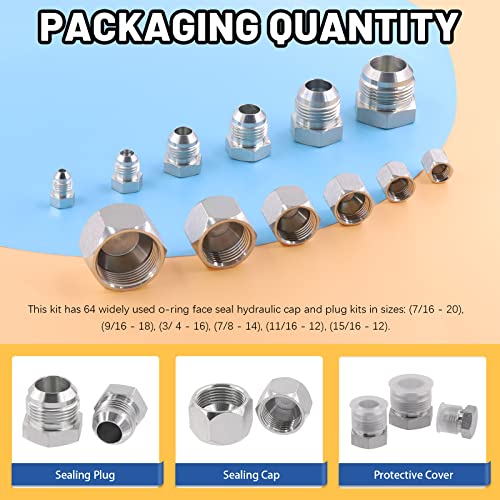 Image of Glarks 64Pcs 12 Sizes Hydraulic Hose Tube and Pipe Fitting Kit, 37 Degree JIC Cap and Plug Assortment Kit, Steel Flare Fitting Set w Precision Threading, Dash Sizes 4 6 8 10 12 16
